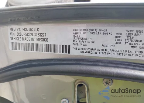 2020 Ram 2500 Tradesman 4X4 6'4 Box z USA, uszkodzony, nr VIN 3C6UR5CJ2LG283274